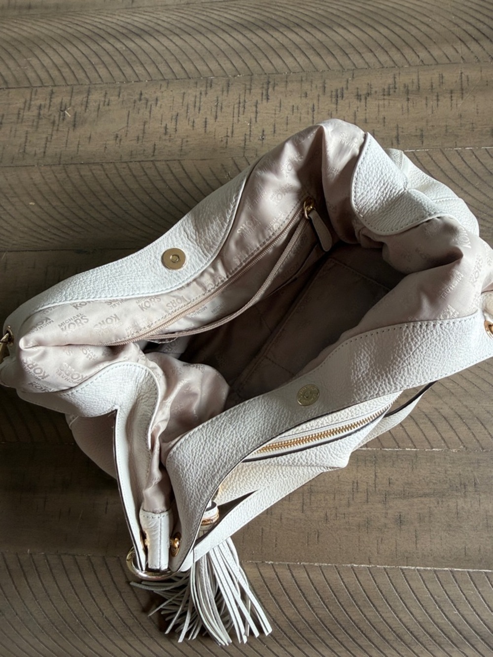 Michael Kors Cream Pebbled Leather Shoulder Hobo with Tassel Charm - Picture 5 of 6